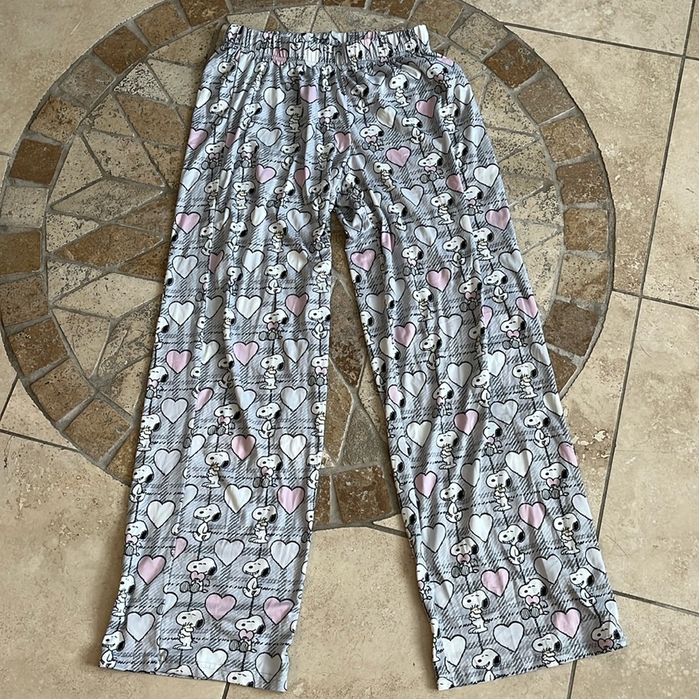 Munki Munki Snoopy Womens Pajama Lounge  Plaid Pink Gray Hearts
